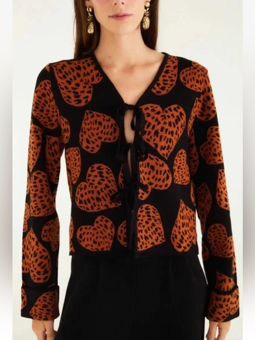 FARM RIO Leopard Hearts Jacquard Cardigan Sweater S NWT